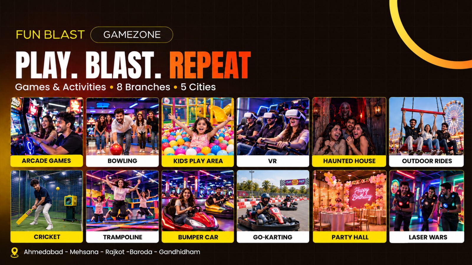 Play. Blast. Repeat — games and activities across 8 FunBlast branches in 5 cities